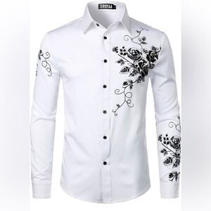 ZEROYAA Men's Rose Floral Printed Slim Fit Long Sleeve Button Up Dress Shirts